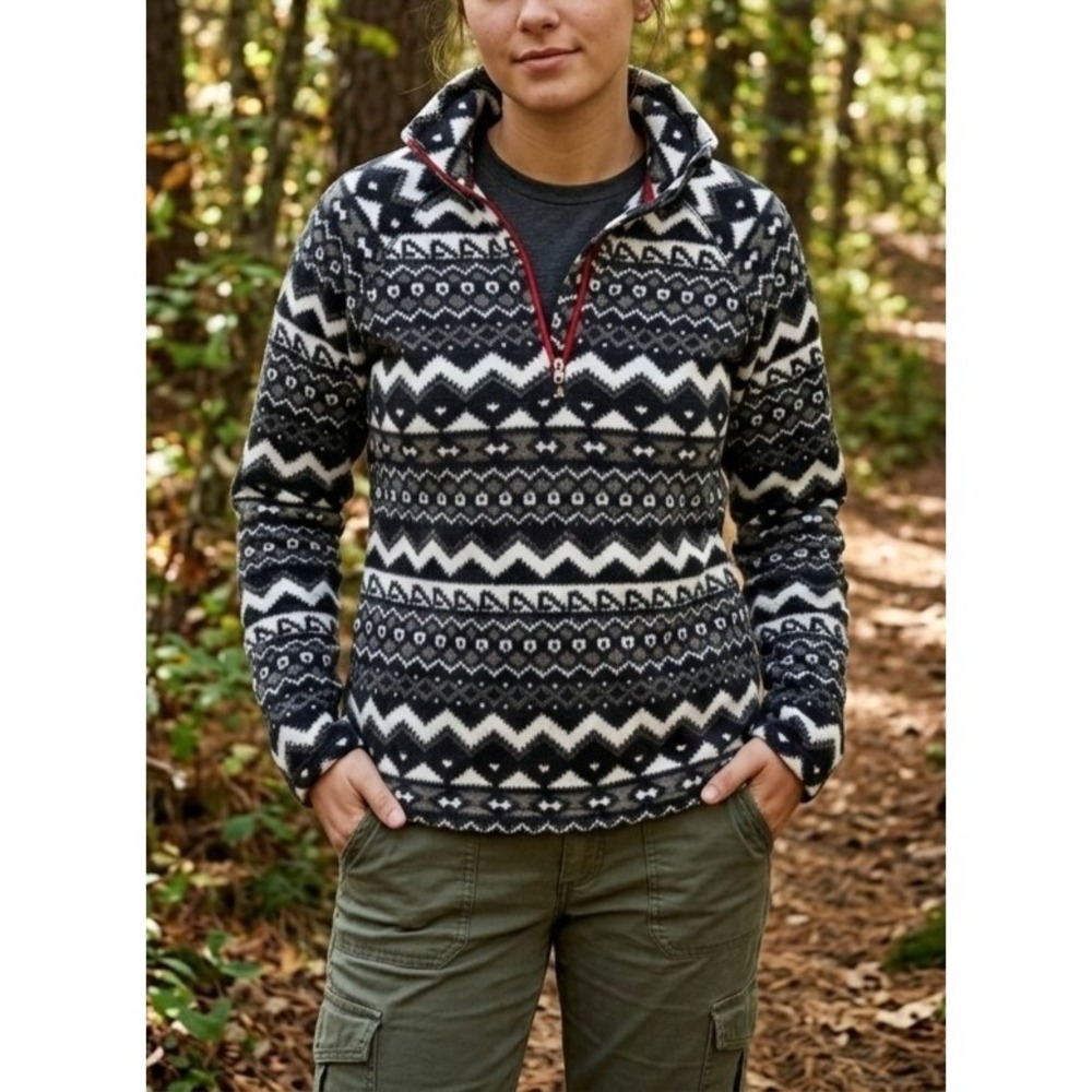 Eddie Bauer Womens PS Black White Geometric Fair Isle Quarter Zip Pullover